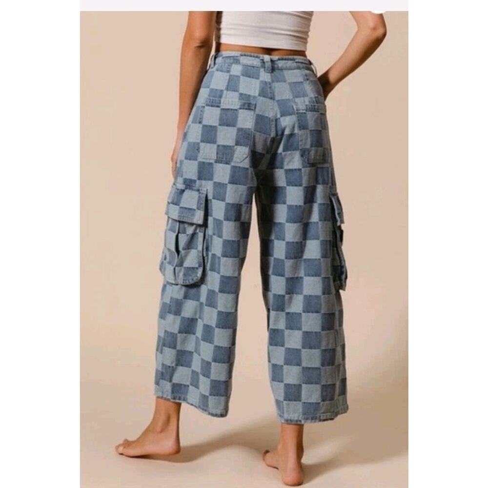 BiBi Wide Leg Jeans Womens Small Blue Light Wash High Rise Checkered Cargo Crop - Picture 3 of 13